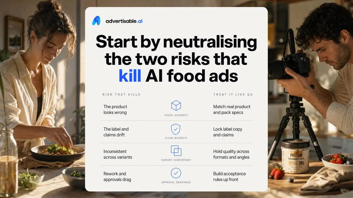 Start by neutralising the two risks that kill AI food ads