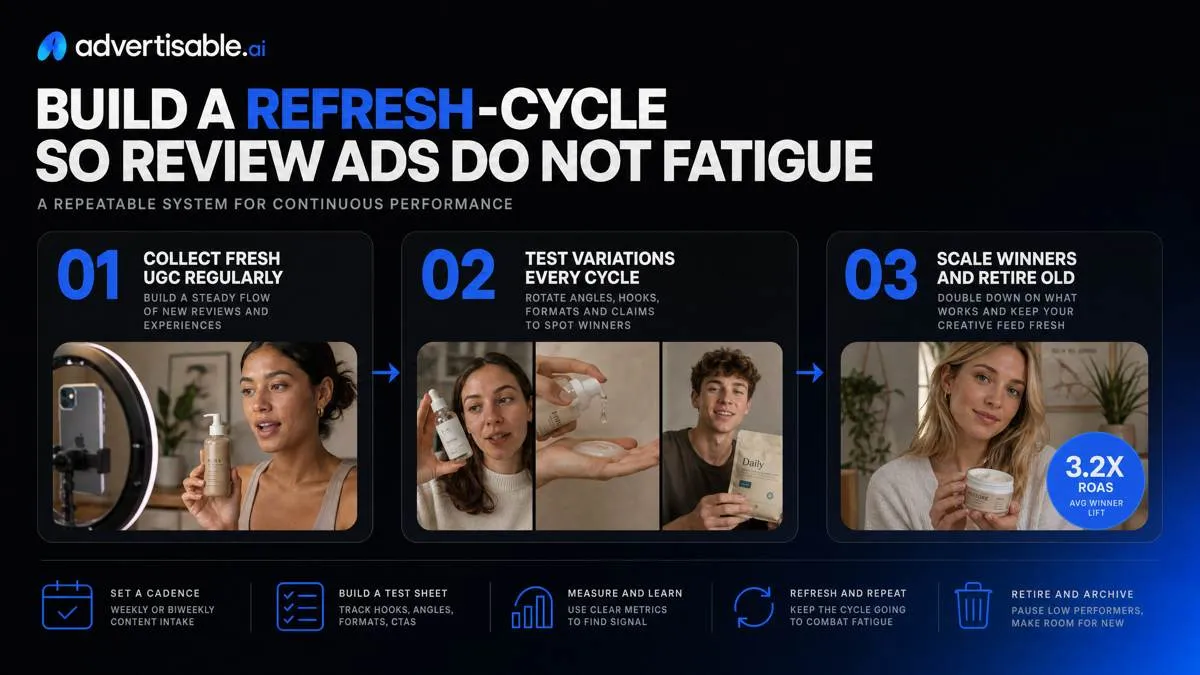 Build a refresh-cycle so review ads do not fatigue