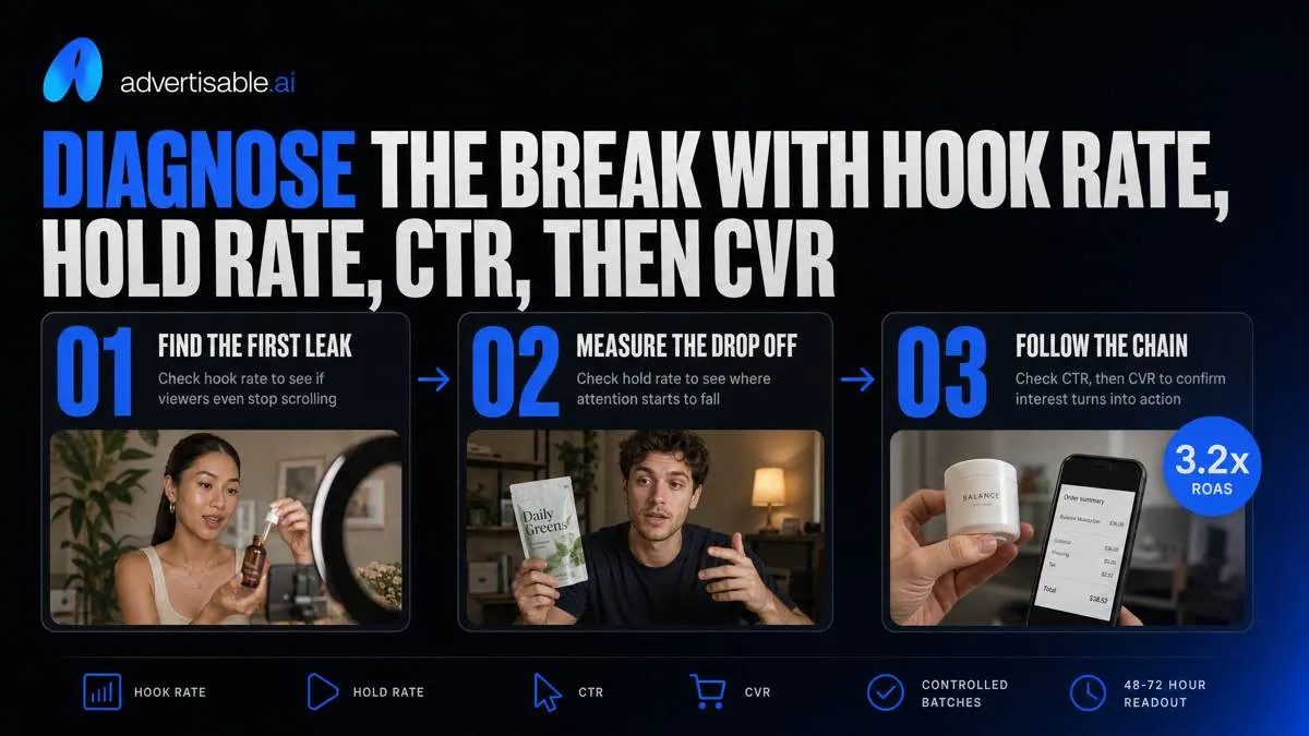 Diagnose the break with hook rate, hold rate, CTR, then CVR